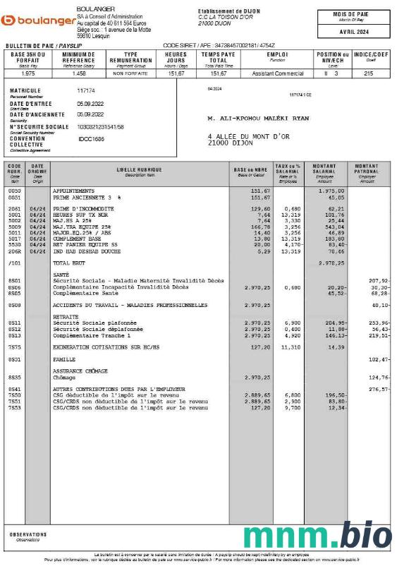 Szablon Boulanger payslip (w języku francuskim) w formatach Word i PDF